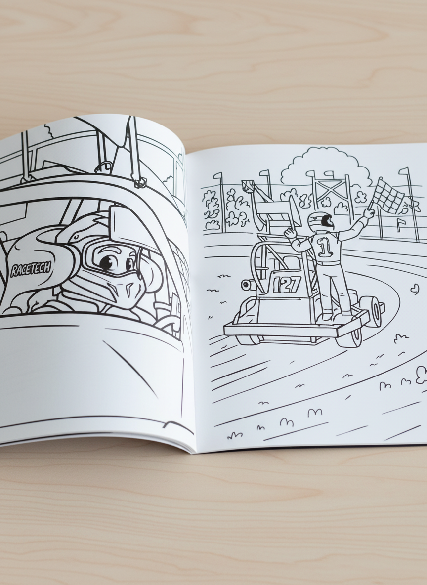 Close-up of book spread showing race car details